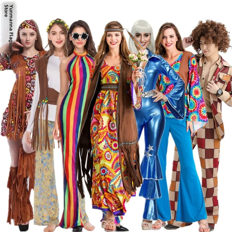 

Disco Performance Suit 70s Sle Hawaiian Print Onesie for Men And Women Couple's Costume Retro Outfit Summer Par Performance
