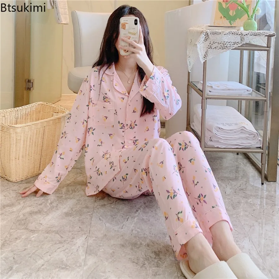 2025 Women's Spring  Autumn 2PCS Pajama Sets Long Sleeve Cardigan Tops and Pants Sets Ice-Silk Loungewear Girls Loungewear Set