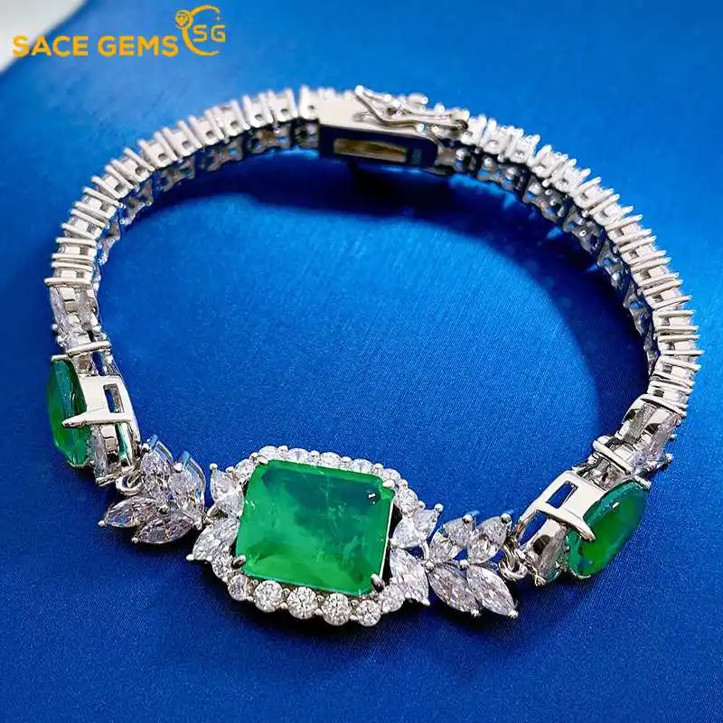 

SACE GEMS Fashion Luxury 925Sterling Silver 10*12MM Emerald Bracelet for Women Sparkling Wedding Party Fine Jewelry Holiday Gift