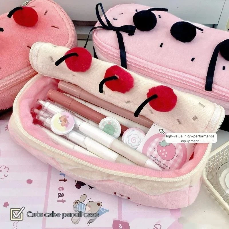1PC Cute Pencil Bag Plush Cherry Cake Pencil Case Large Capacity Student Stationery Storage For Girls Kids Back To School