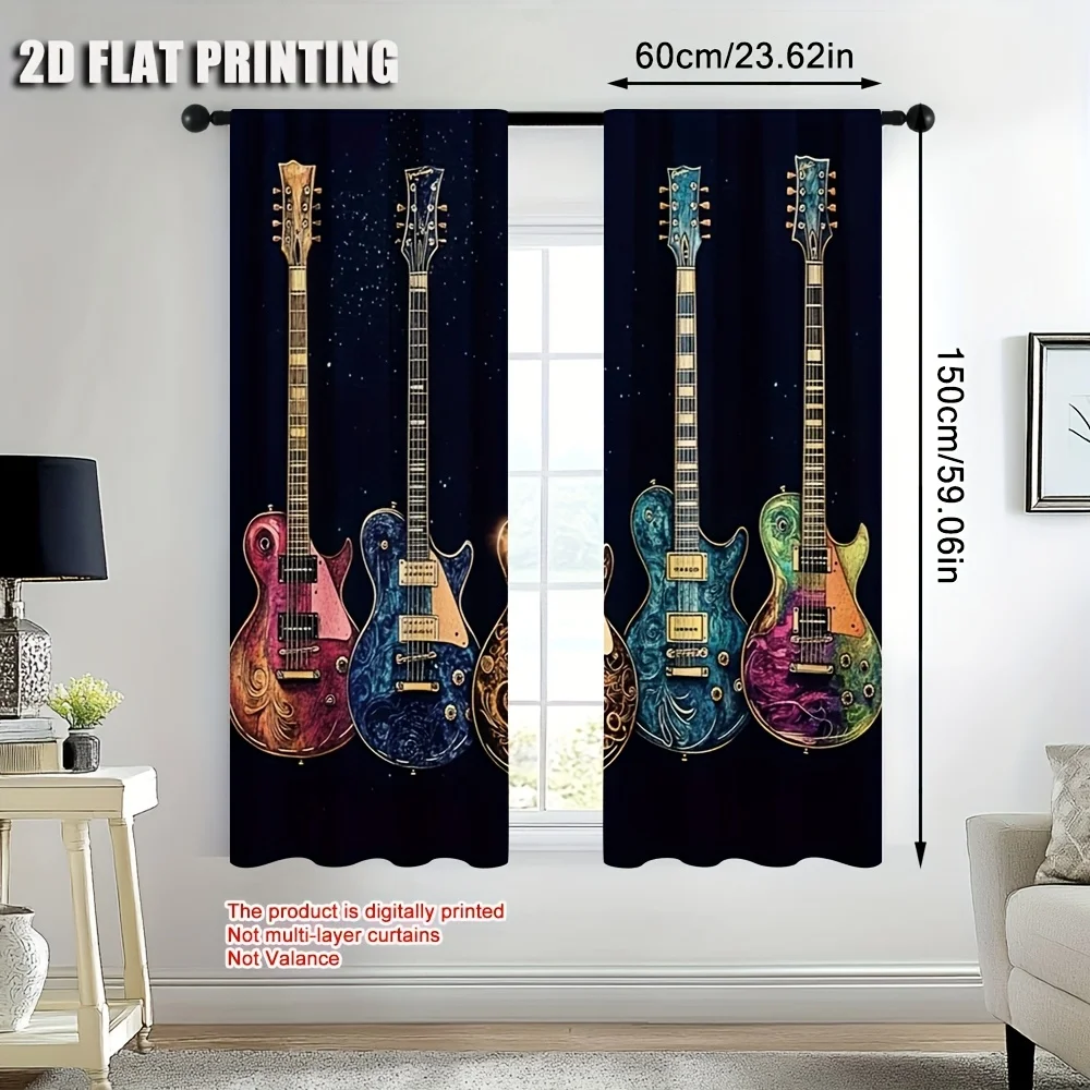 2pcs Electric Guitar Curtains Music Rock Star Print Blackout Drape Living Room Bedroom Window Treatment Home Decor