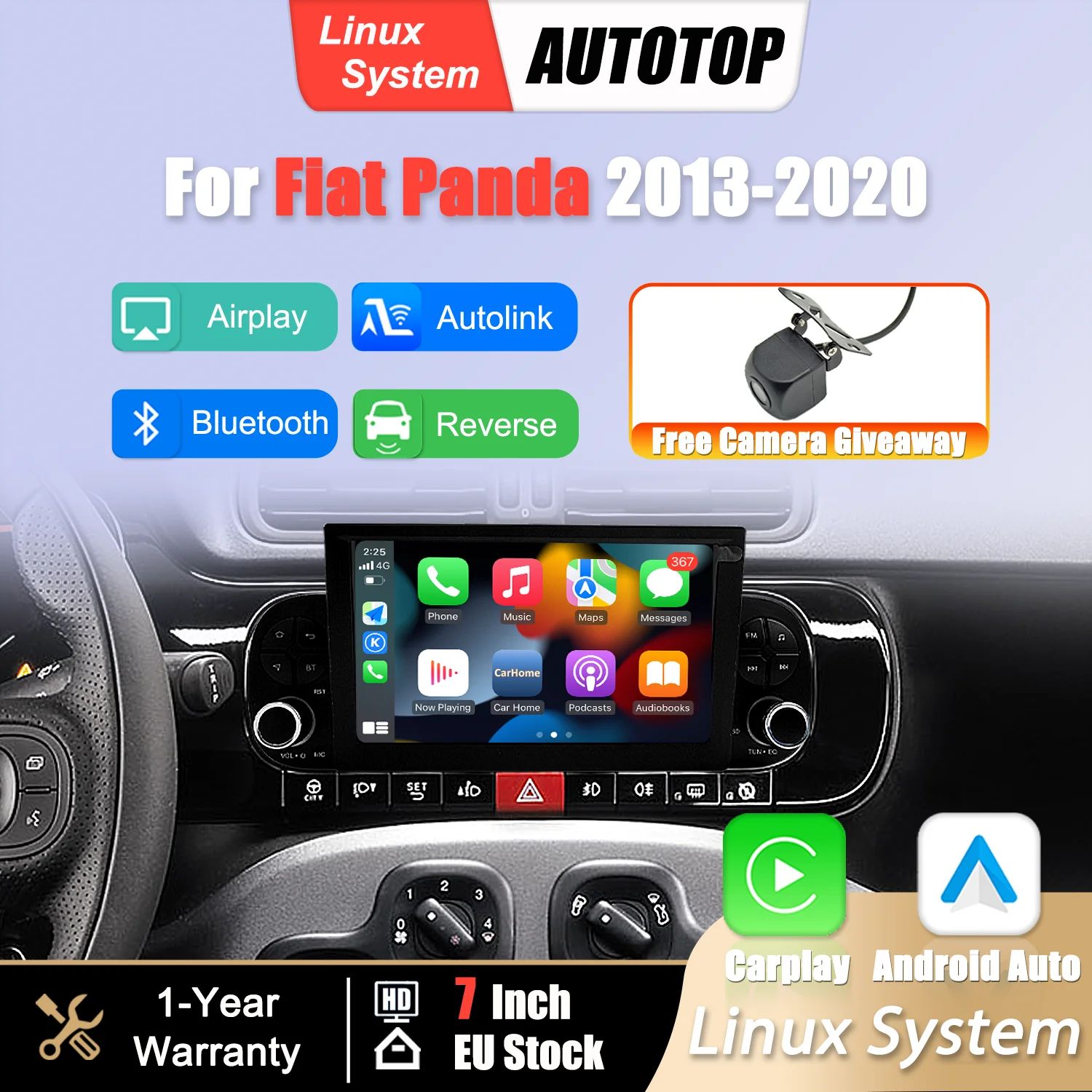 Schermo multimediale da 7 pollici con sistema Linux, CarPlay wireless e Android Auto per Fiat Panda 2013-2020, con Bluetooth, GPS, navigazione, DSP, schermo touchscreen, telecamera per retromarcia e