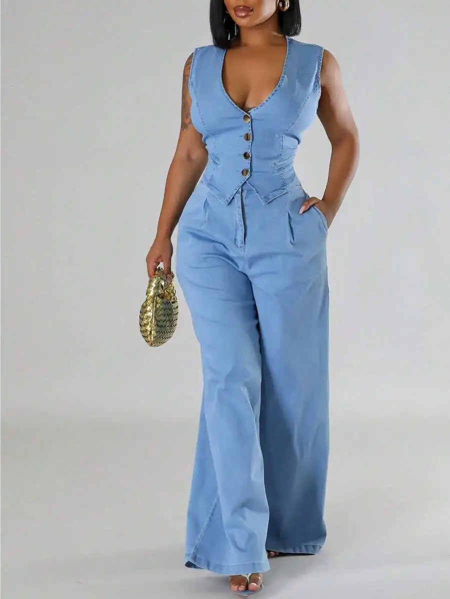 

Women Light Blue Denim Two-Piece Set: Sleeveless Deep V Waistcoat With Buttons & Wide Leg Pants