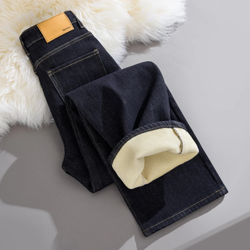 

Y2k Pants Jeans For Woman High Waist Wide Leg 2025 Winter Autumn Blue Washed Straight Leg Plus Fleece Lined Trousers Fashion