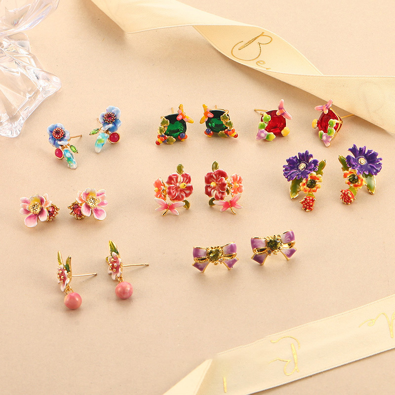  Colorful Enamel Flower Stud Earrings for Women Elegant Floral Petal Crystal Hypoallergenic Drop Earrings Jewelry Gift for Her 