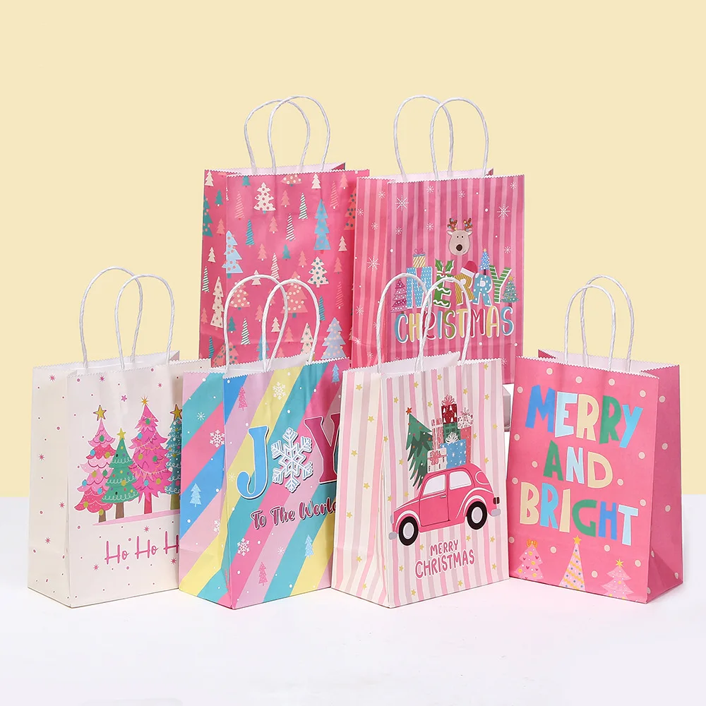 

12/30pcs Pink Christmas Paper Tote Bags Thank You Gift Bags for Party Favors Retail Packaging
