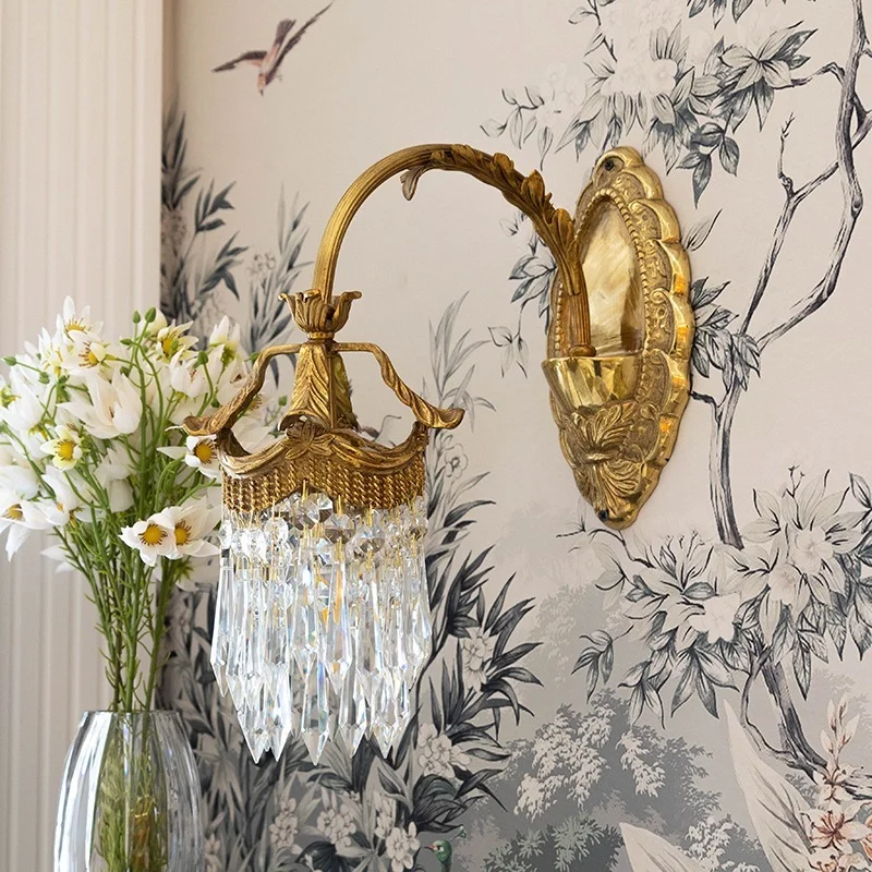 Julian French Versatile Vintage All Copper Carved Crystal Tassel Villa Wall Light Living Room Corridor Decorative Light