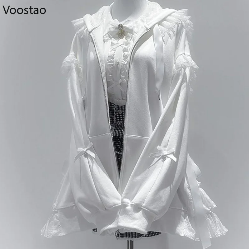Autumn Women Sweet Lolita Zipper Hoodies Japanese Harajuku Lace Bow Long Sleeve Hooded Coat Spring Casual Chic Loose Sweatshirts