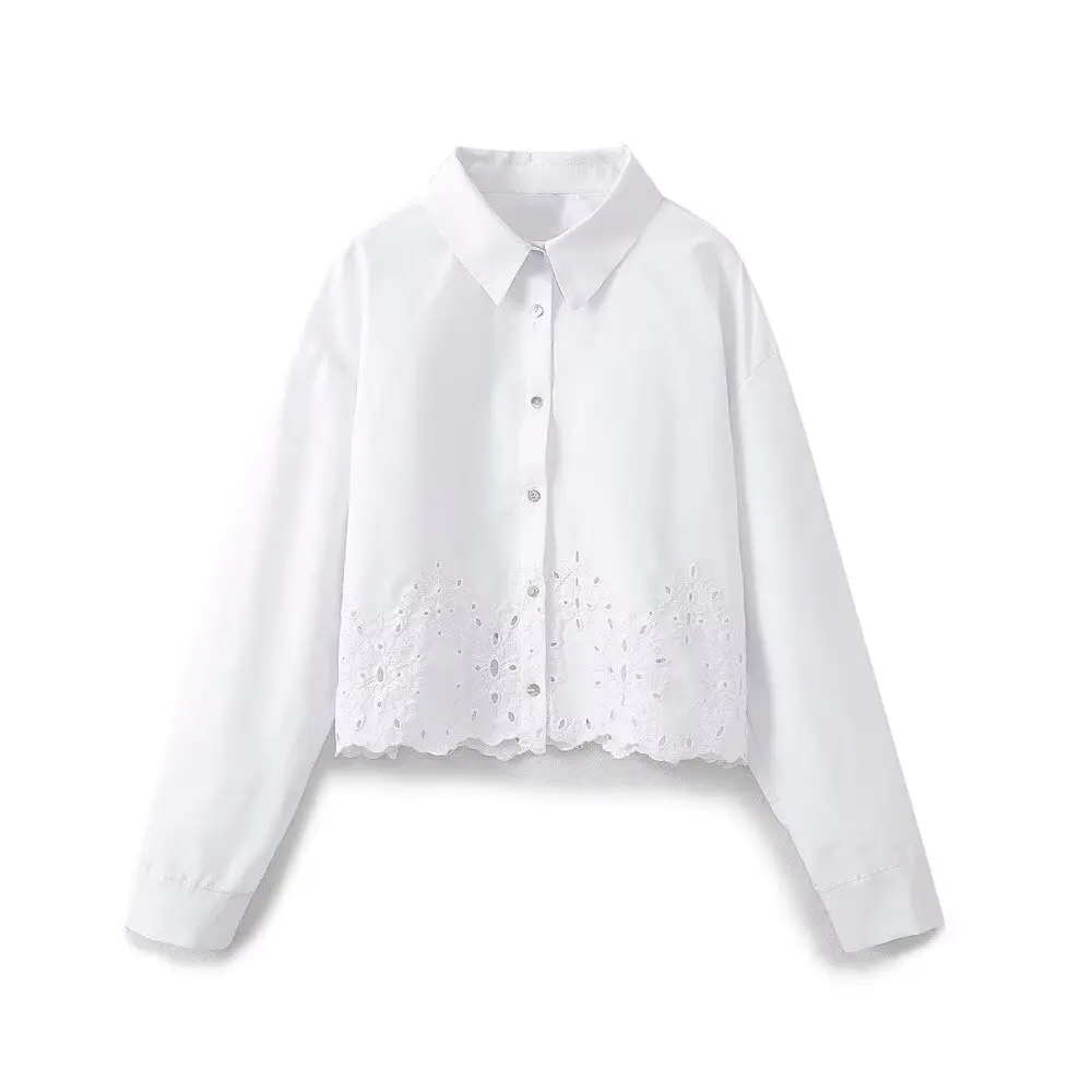 

Hollow Out Shirt Elegant Office Lady Clothing Autumn Loose Women Casual Tops Plain Flower Embroidery Shirts Blouse Simple White