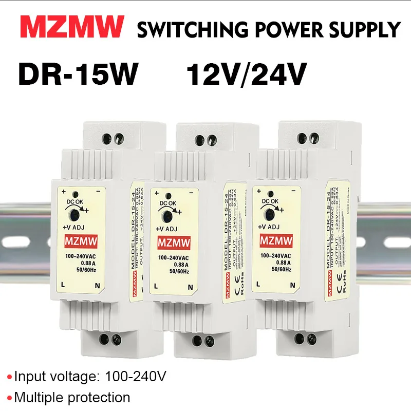 MZMW DR Series 15W 12V 1.25A 24V 0.6A 100-240V AC/DC Ultra-thin Din Rail SWITCHING POWER SUPPLY Industrial smps LED transformer