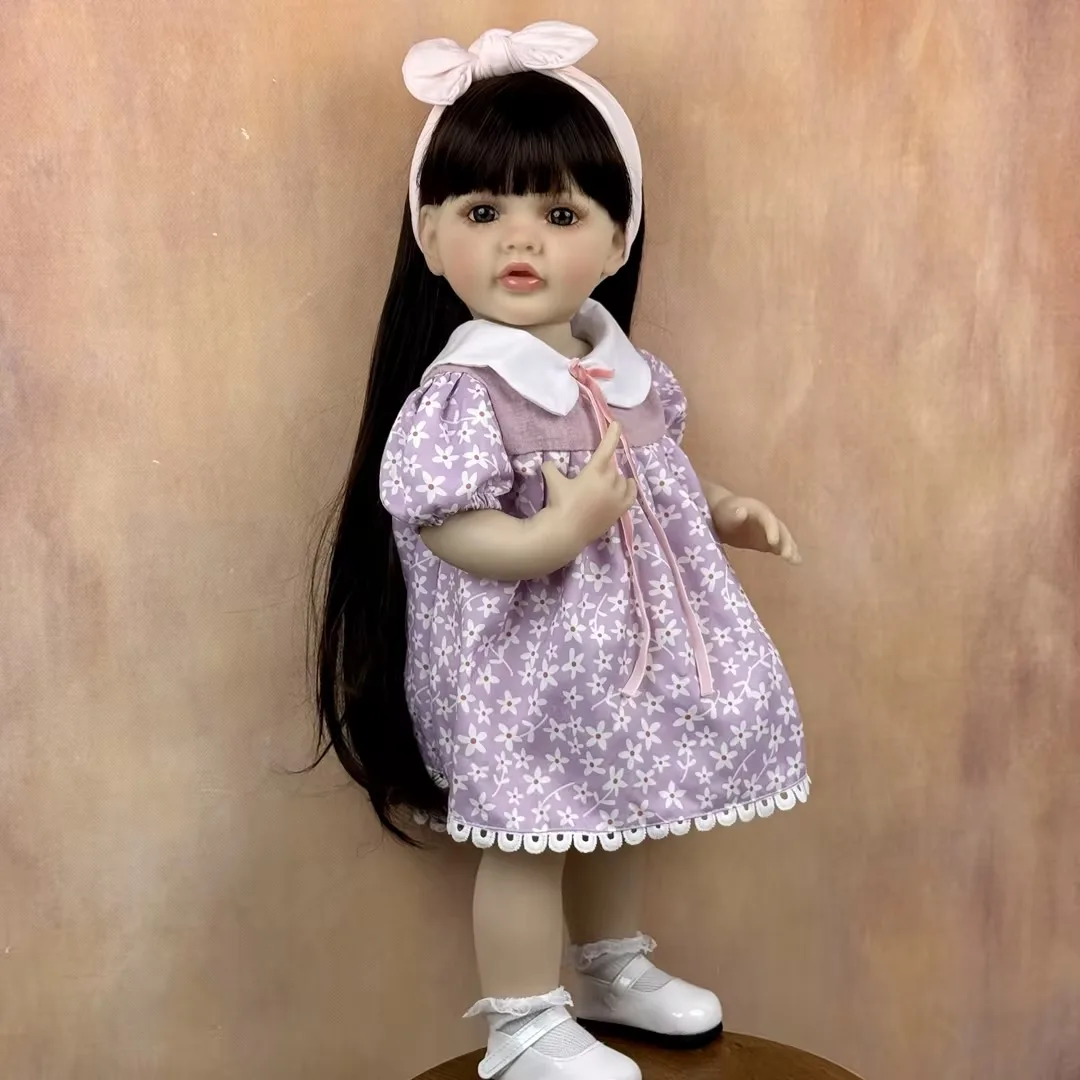 BZDOLL 55CM 리본 베이비 풀 비닐 바디 인형 장난감, 갈색 긴 머리, 공주 유아 22인치 달콤한 인형, 수제 생일 선물