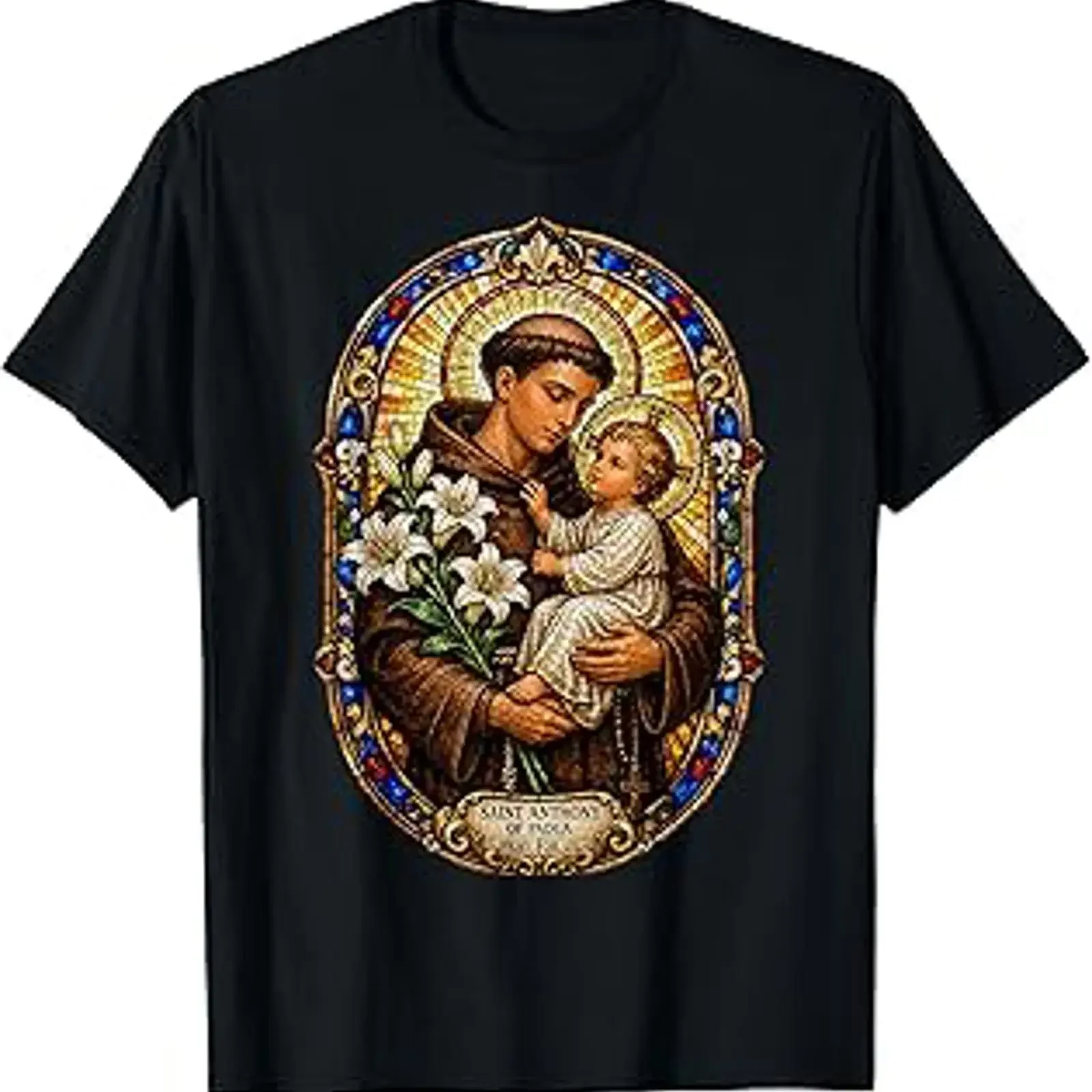 Saint Anthony of Padua Pray for Us Sacred Mosaic Art Faith T Shirt vintage Washed designer clothes Stylish Stretched Soft