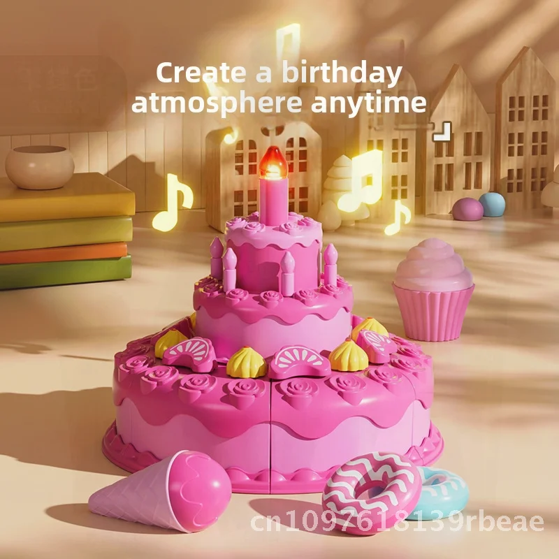 Girls Cake Cutting Music Light Simulation Tea Set Toy 3-Layer Dessert Playhouse Candle Afternoon Tea Play Kitchen Simulation