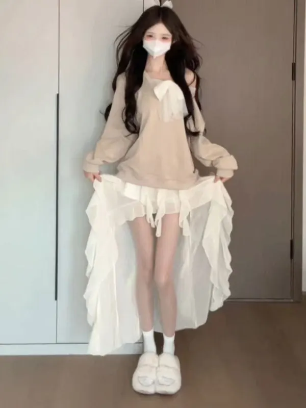 

Женский модный комплект: свитшот с V-образным вырезом и асимметричная юбка, удобный повседневный осенний наряд из двух предметов