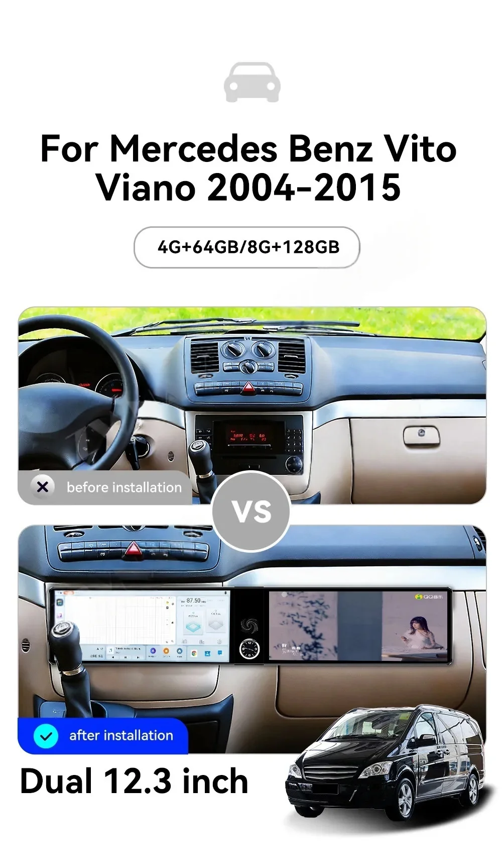 Dual Screen Multimedia Player For Mercedes Benz Vito Viano 2004-2015 Carplay  Android GPS Navigation Co pilot Screen Unit DSP