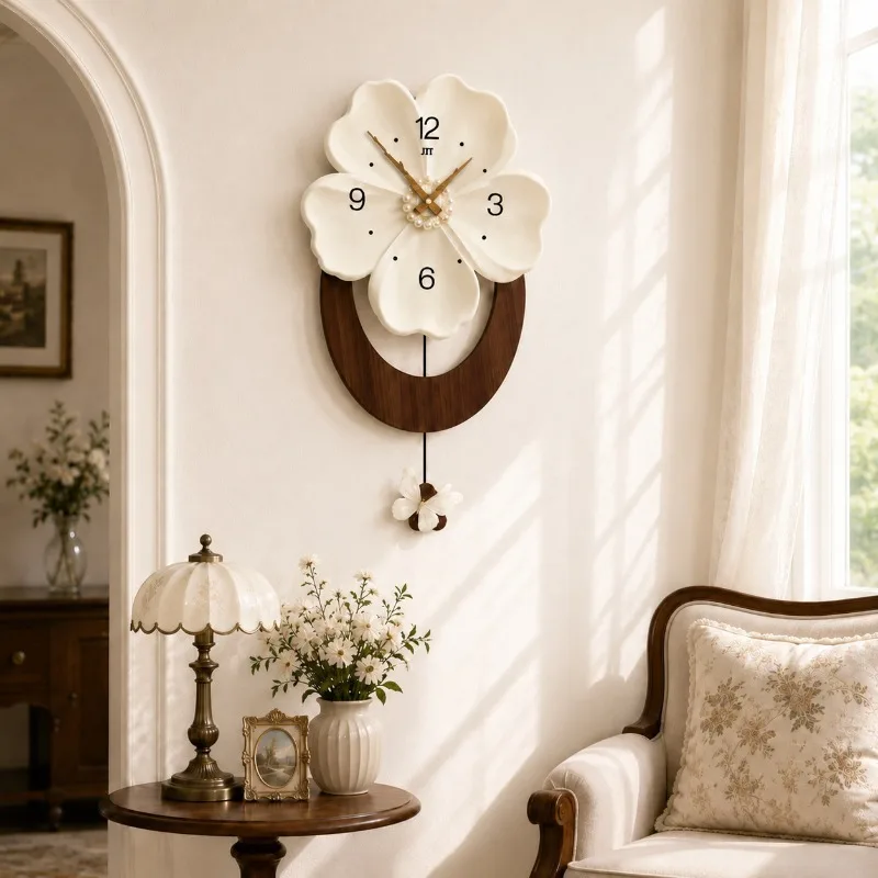 Flower Shape Wall Clock Living Room Decoration Pendulum Clocks Bedroom Silent Hanging Clock Modern Wooden Wall-mounted Clocks