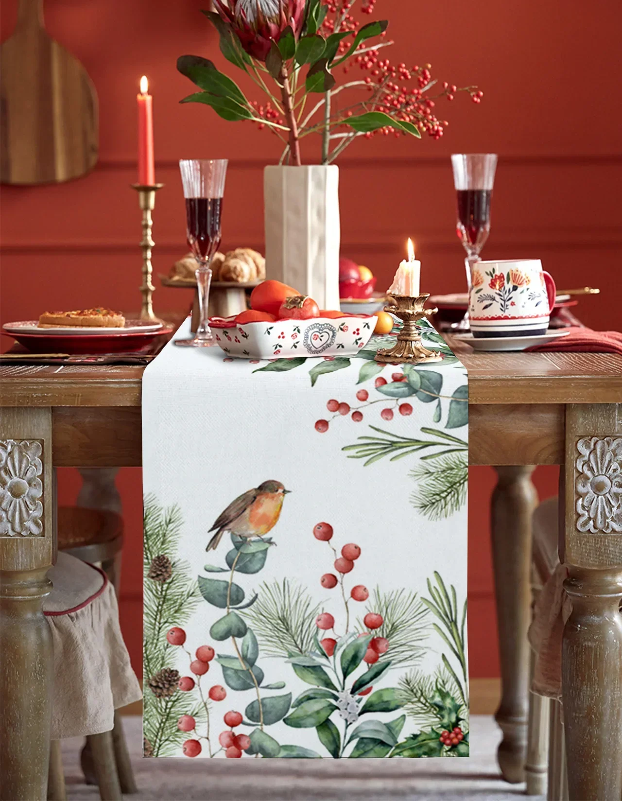 Christmas Eucalyptus Berries Robin Linen Table Runners Kitchen Table Decor Dining Table Runners Navidad Xmas Home Decoration