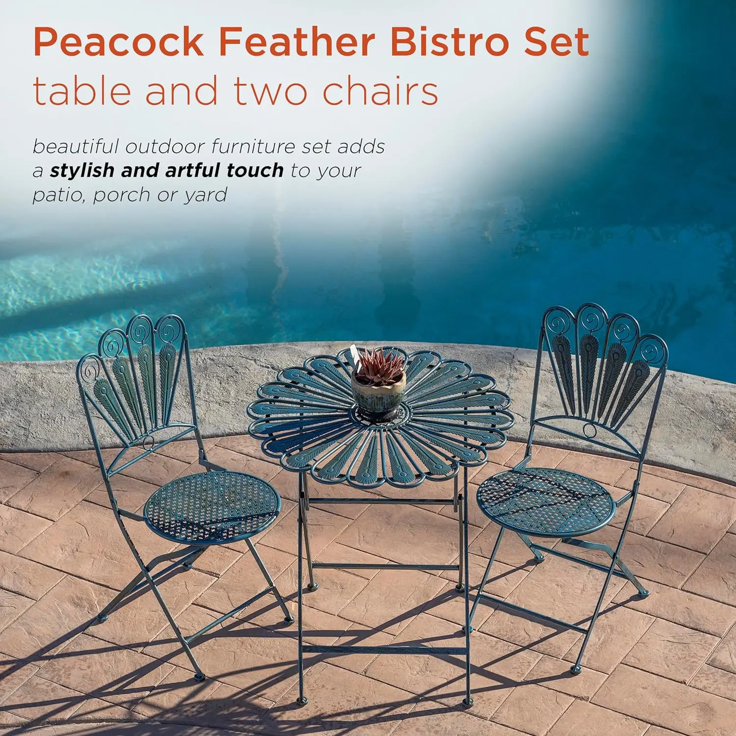 Alpine-Pavão Pena Pátio Assentos Set, Rústico Metal Bistro Set, interior e exterior, Luz Azul, 3 PCs
