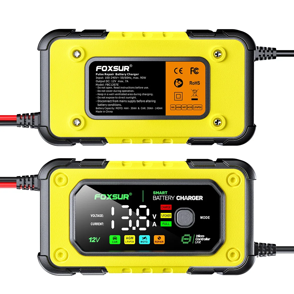 FOXSUR Car Battery Charger 12V 7A 10A Batteries 7-Stage Charging Pulse Repair with Digital LCD Display for Car Motorcycle