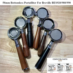 58MM Bottomless Portafilter For Breville BES900/920/980 Solid Wood Handle With 8g/18g/22g Cup Basket Naked Coffee Handle