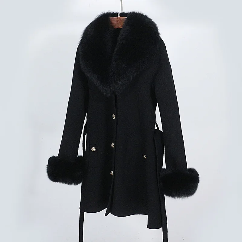 Hot Selling 2023 New Autumn Winter Mid Length Thickened Warm Detachable Fox Fur Collar Wool Coat Slim Fashion Jacket for Women