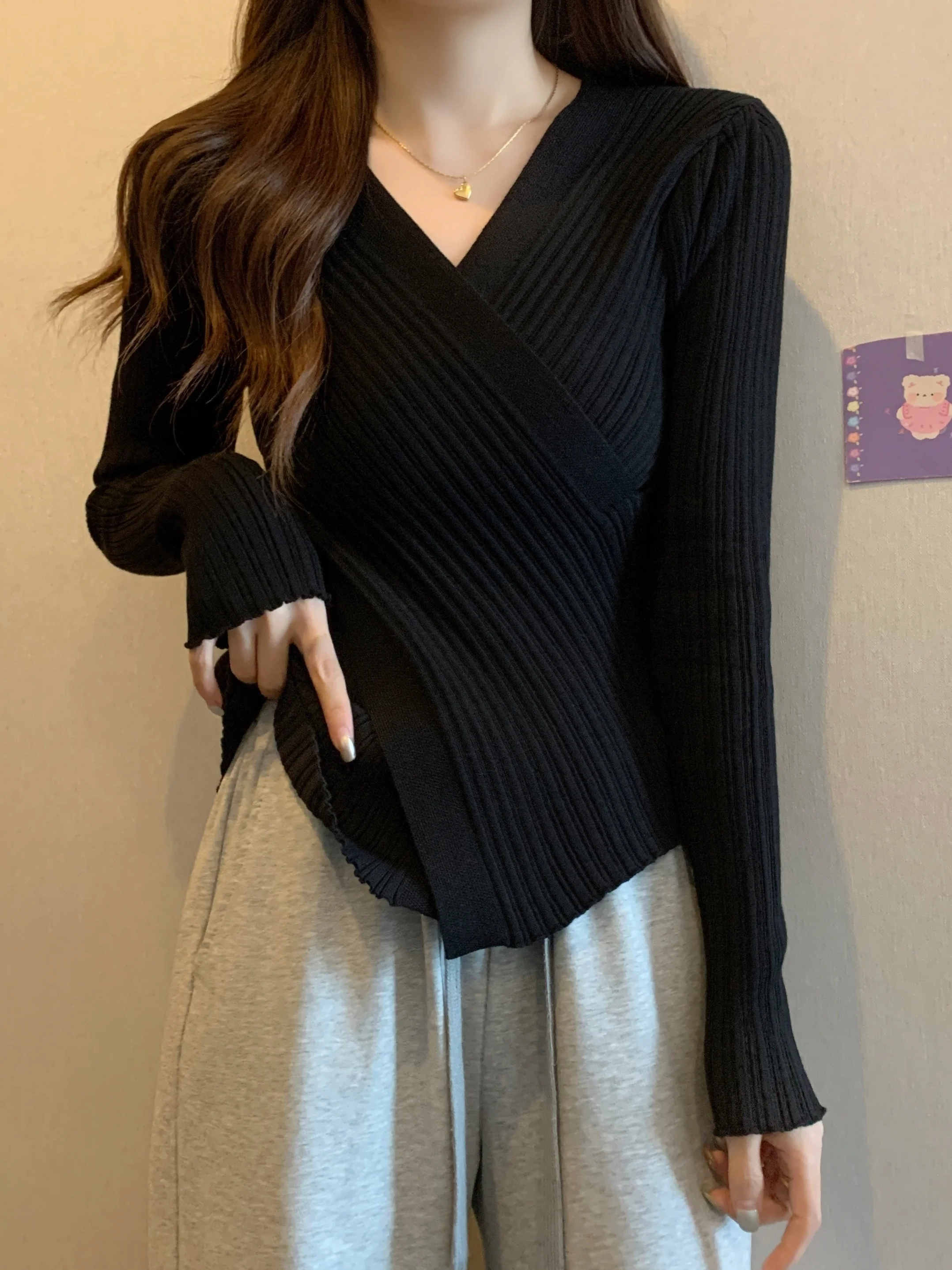 

Вязаный топ с длинным рукавом и V-образным вырезом, с перекрестным дизайном, облегающий, для женщин больших размеров, базовая модель для ношения под одеждой.