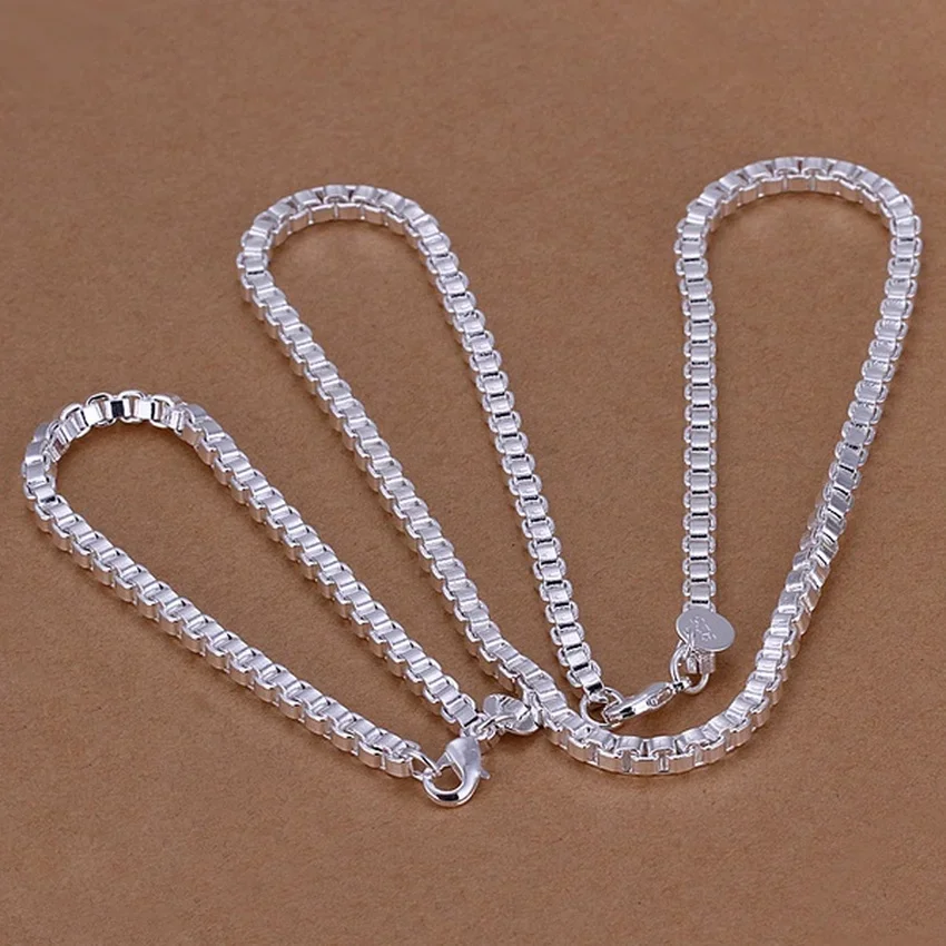 

925 Sterling Silver Women Lady Factory Direct Wedding European Style Male 4mm Box Chain Fashion Necklace Bracelets Jewelry Set