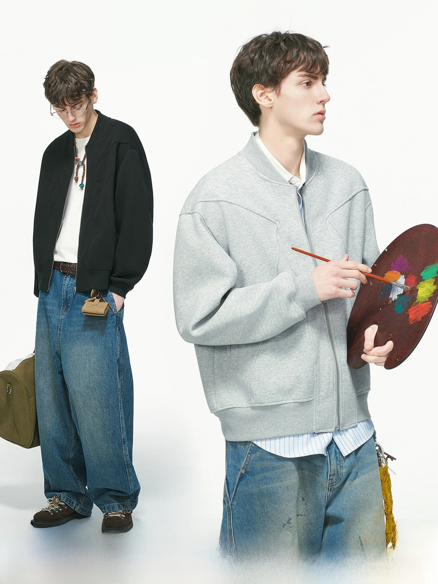 

American Style Cleanfit Henry Collar Open Cardigan Sweatshirt Men's Spring Autumn Short Wide Jacket Outerwear Casual Loose Fit