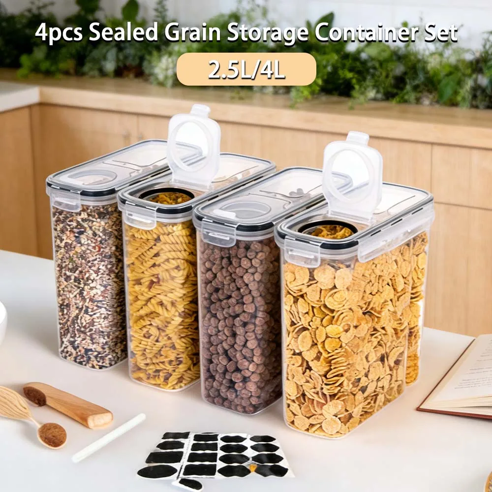 

4PCS Airtight Cereal Storage Containers Set 2.5L/4L Moisture-proof Insect Transparent Storage Box With Label For Pantry Kitchen