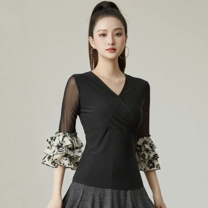 

Summer Half Sleeves Ballroom Dance Tops Black Mesh Latin Dancing Top Women'S Training Shirt Adults Modern Dance Wear