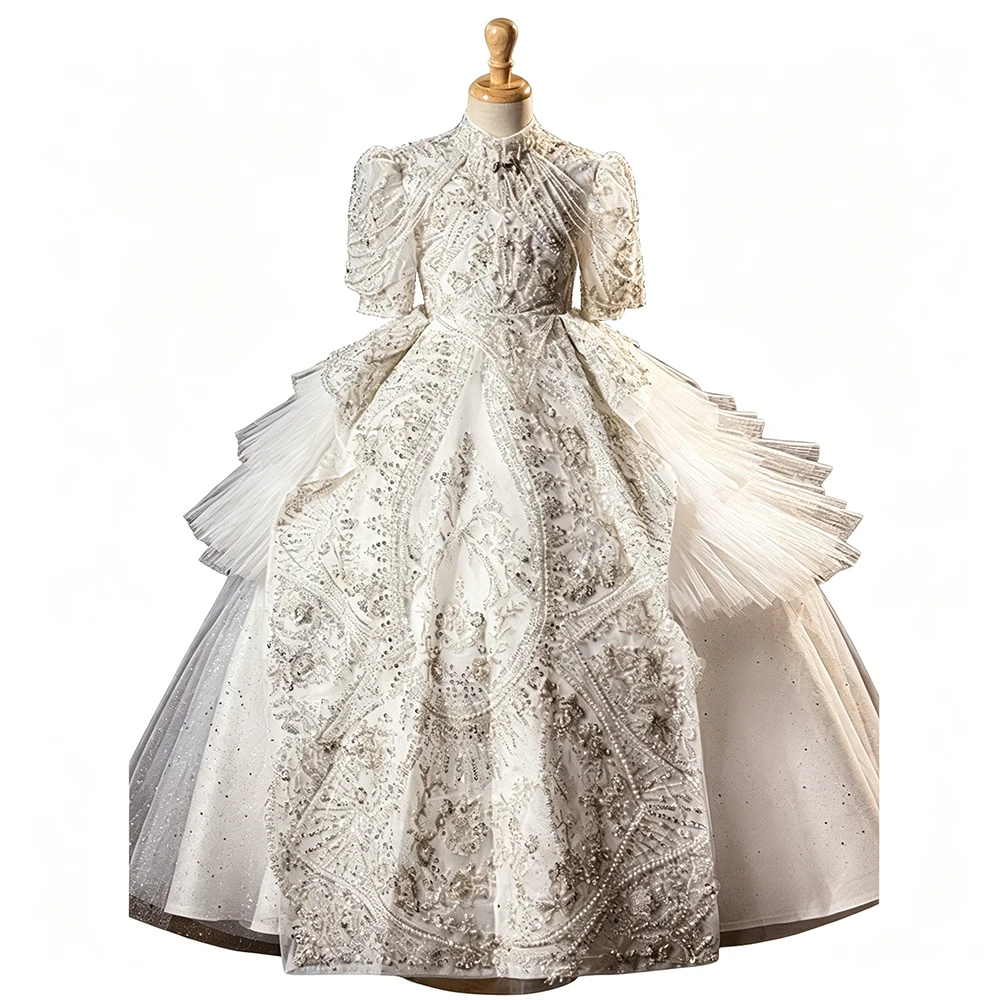 Luxury Princess Pageant And Wedding Bridesmaid Dress For Girls Kids Short Sleeve Evening Party And Formal Occasion Ball Gown