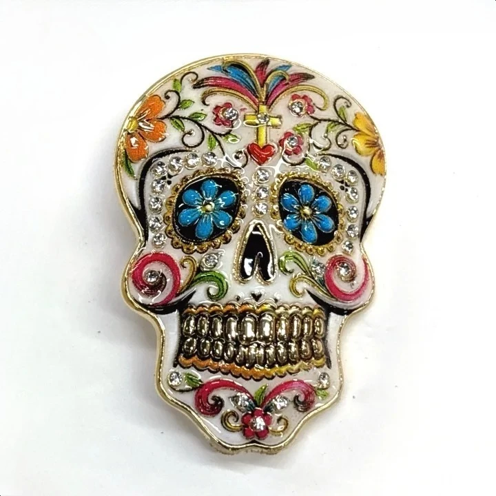 Mexican Day of The Dead Sugar Skull Brooch Colorful Flower Rhinestone Alloy Pin Halloween Accessory
