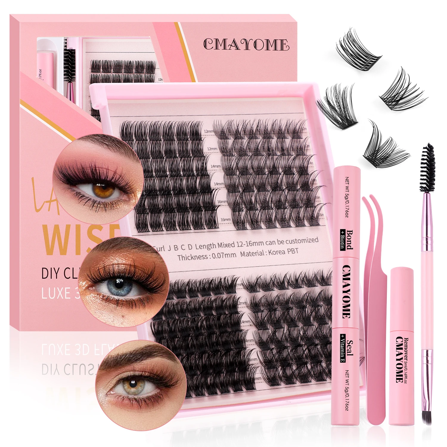 Eyelash extension set with 150 eyelash clusters, natural eyelash bonding and sealing, super shaping eyelash tweezers, eyelash gl