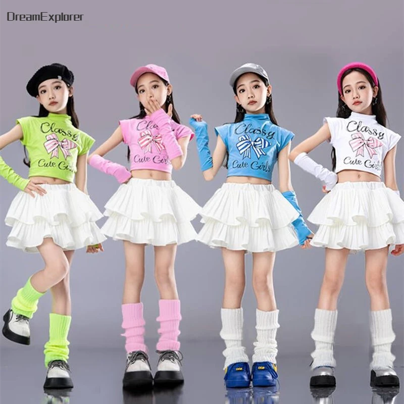 Hip Hop Girls Candy Color Crop Top Street Dance Tiered Skirts Kids Sweet Streetwear Child Jazz Cheerleader Costumes Clothes Sets