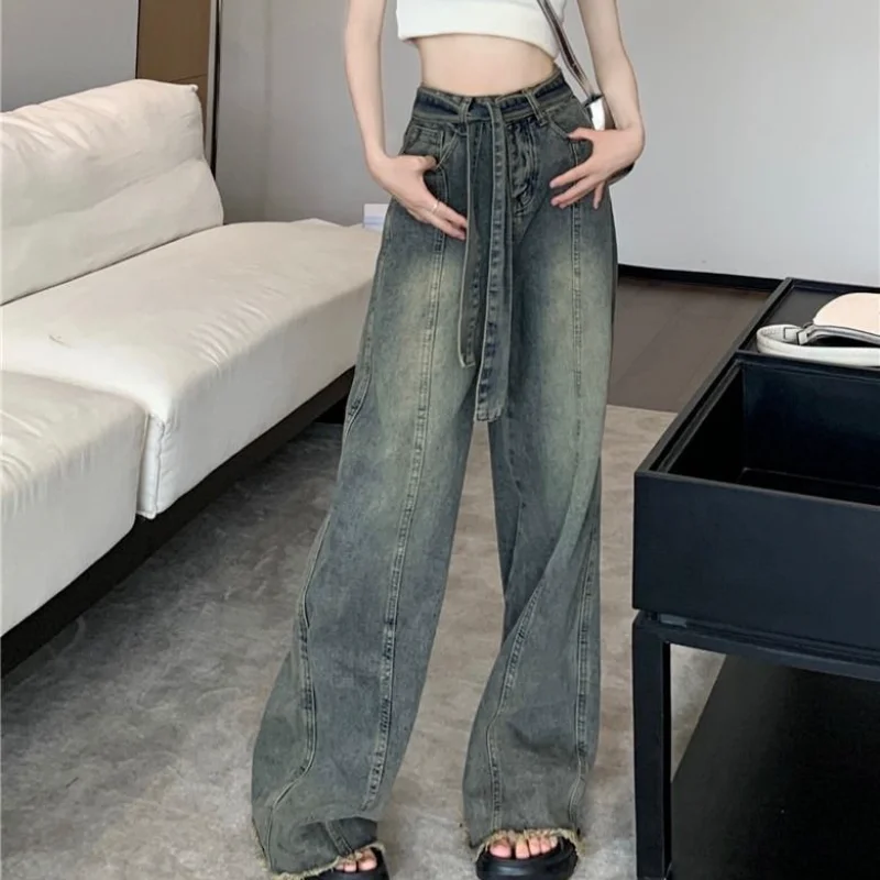 

Женские джинсы с широкими штанинами в винтажном стиле, летние, с эффектом потертости, на шнуровке, стильные, нестандартные, свободные, с драпировкой, с рваными краями, в пол