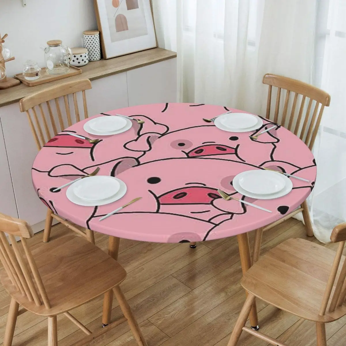 Cute Pet Pig Waddles Cartoon Waterproof Round Tablecloth Oilproof Table Cloth for Kitchen Events Dining Table Cover