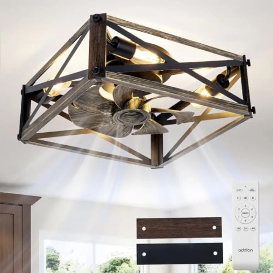 Caged Low Profile Ceiling Fans with Lights and Remote, Small Farmhouse Flush Mount Fandelier, 6 Speeds Reversible Ceiling Fan w view 2