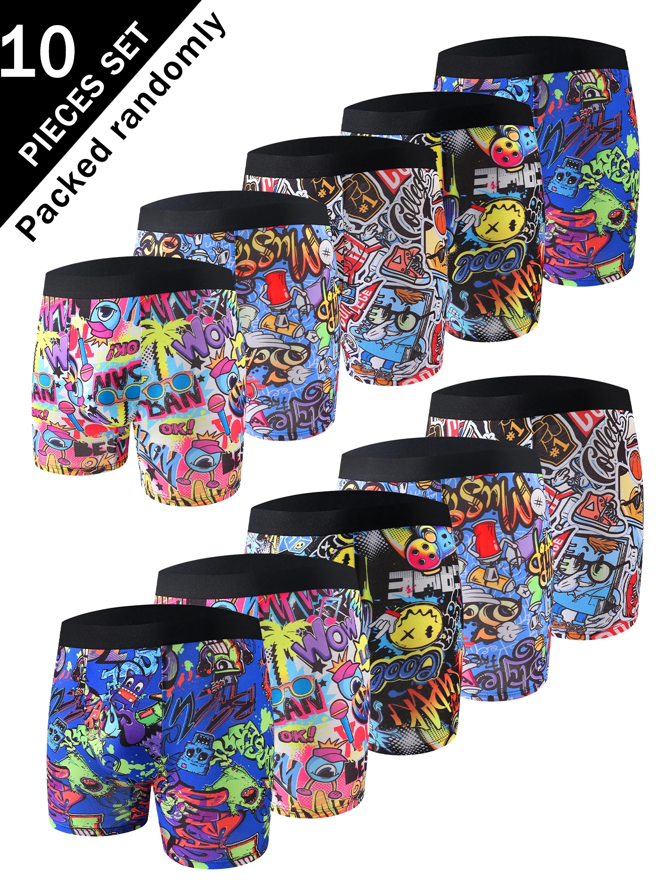 10-Pack Men's Graffiti Boxer Briefs Cartoon Print Skin-Friendly Comfortable Trendy Multi-Color Random Delivery