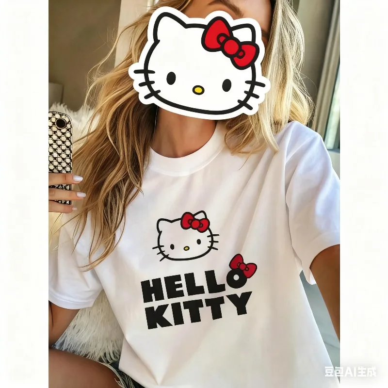 تي شيرت سانريو هالو كيتي كاجوال بأكمام قصيرة، رقبة دائرية ومطبوع برسوم كارتونية سريعة الجفاف، كورومي ماي ميلودي هالو كيتي Y2K