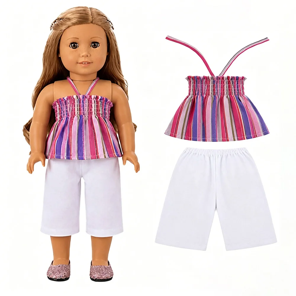 2Pcs/Set Striped Halter Top & White Shorts Doll Clothes Outfit for 18 Inch American Girl Dolls Fits 43cm Dolls
