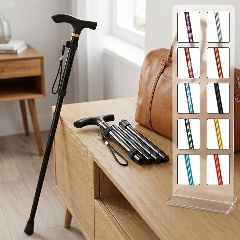 Lightweight Folding Walking Cane, 5-Level Height Adjustable Portable Stick with Wrist Strap, Compact Travel Cane for Men Women