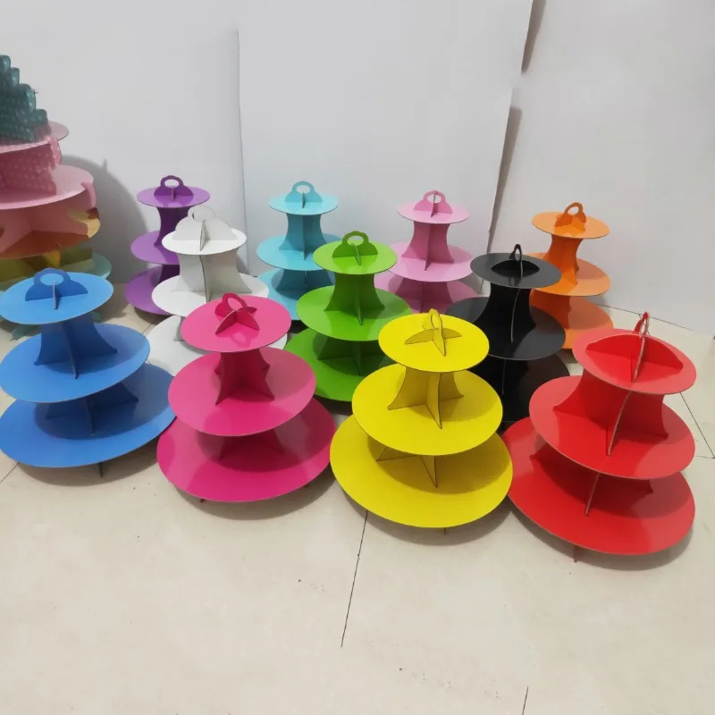 2025 new paper three-layer solid color birthday cake stand party banquet dessert display stand (three-piece)