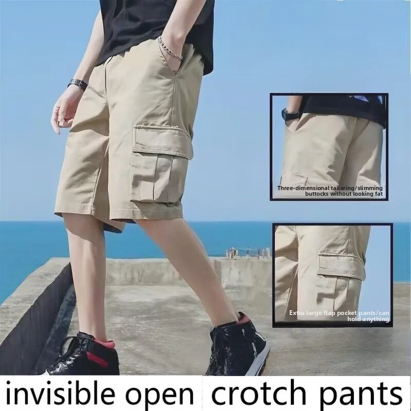 

Брюки с невидимой промежностью, новые легкие роскошные шорты для инструментов, летние тонкие брюки с пятью точками, удобные открытые брюки с несколькими карманами Rhude