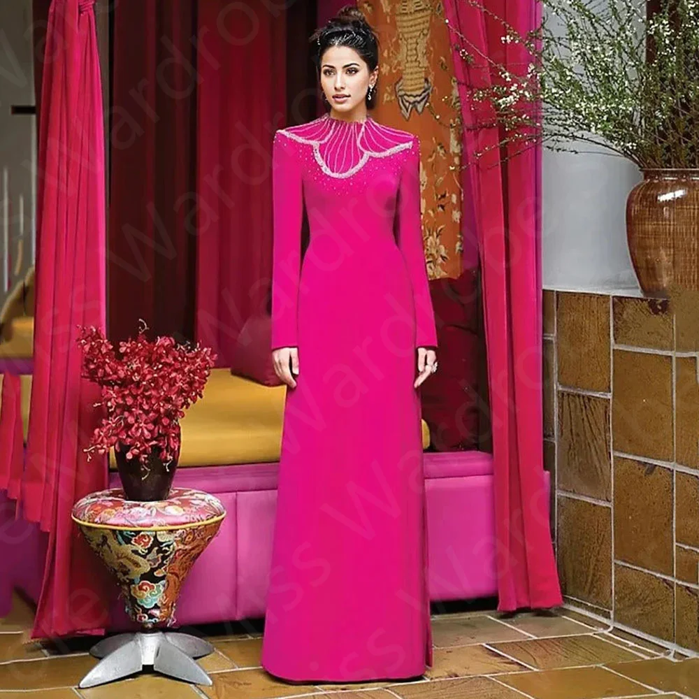 Latest Arrival Evening Dresses Hot Pink Long Sleeves Prom Party Gowns High Neck Beading Wedding Guest Gowns 2024 Floor Length