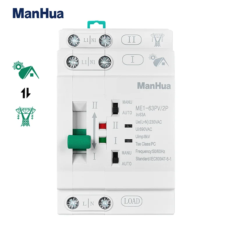 

ManHua 2Poles 63A ME1-63PV/2P 230VAC Photovoltaic Automatic Transfer Switch For Solar Photovoltaic DC Power And City AC Power