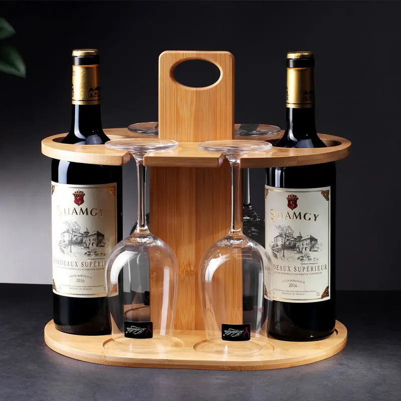 Natural bamboo Wine Rack Wine Glass Hanging Drying Stand Organizer on Countertop Tabletop Wine 2 Bottle Holder & 4 Glass Rack