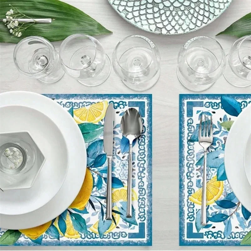 4Pcs Watercolor Blue Flower Lemon Vine Summer Linen Placemat Fresh Holiday Dining Table Decor for Wedding Party Home Gathering view 3