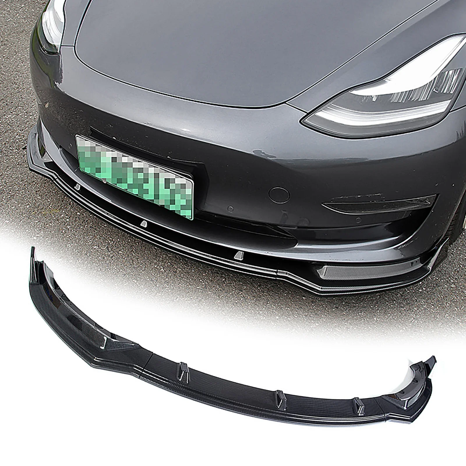 Front Bumper Lip Spoiler For Tesla Model 3 2017-2023 Gloss Black Carbon Fiber Look Bumper Splitters Car Modification Body Kit