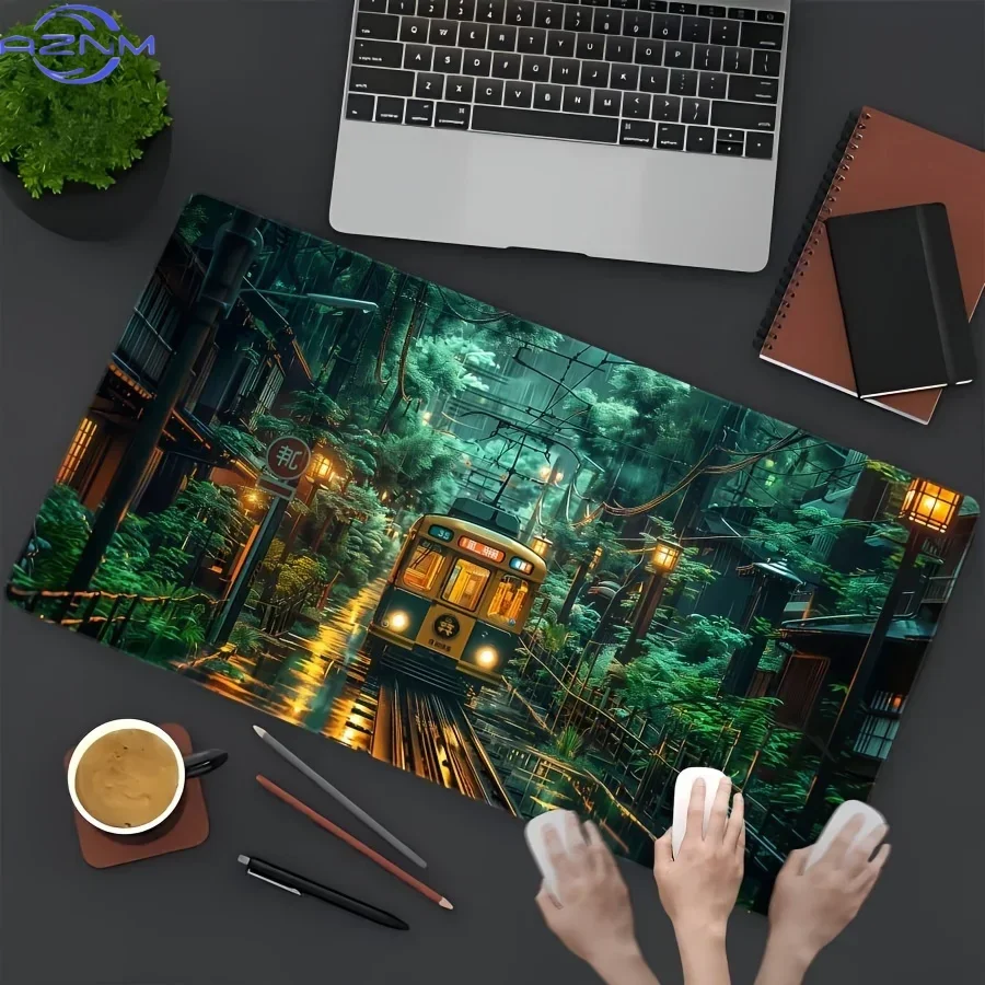 XXL 1pc Ultra-large High-definition Rainforest Train Pattern Mouse Pad, Stitched Edge, Anti-slip Rubber Base, Gaming Mouse Pads