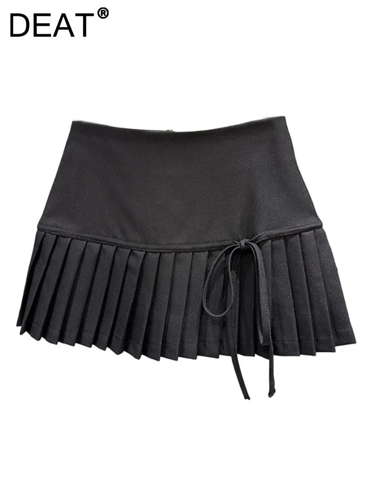 

DEAT Women's Skirt Patchworkfolds Bow Lace-up Bandage Solid Color A-line Pleated Mini Skirts 2024 Autumn New Fashion 33A1759